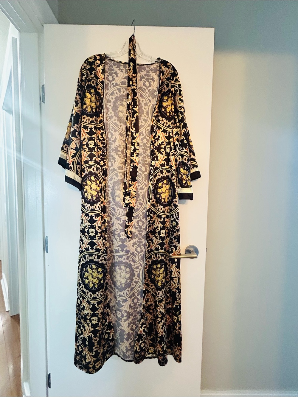 Black & Gold Printed Maxi Kimono Dress